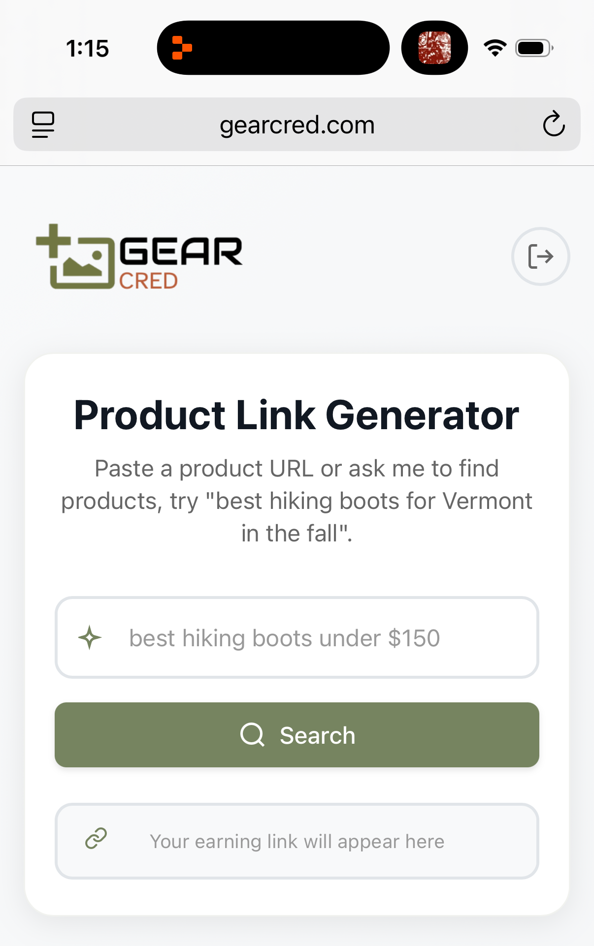 GearCred mobile app showing product search and affiliate link generation interface