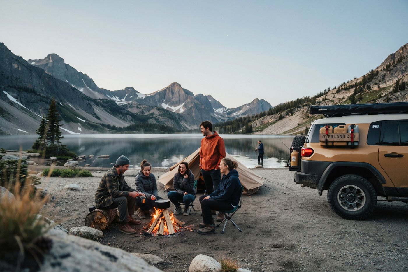 Friends around a campfire beside a mountain lake